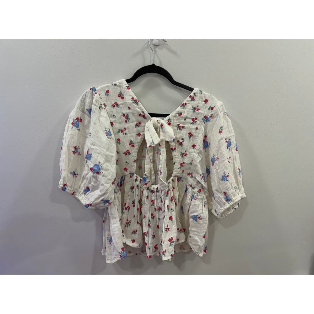 Free People Chloe Printed Top Sz Small  Floral Print Short Sleeve Tie Back Shirt - Picture 8 of 9